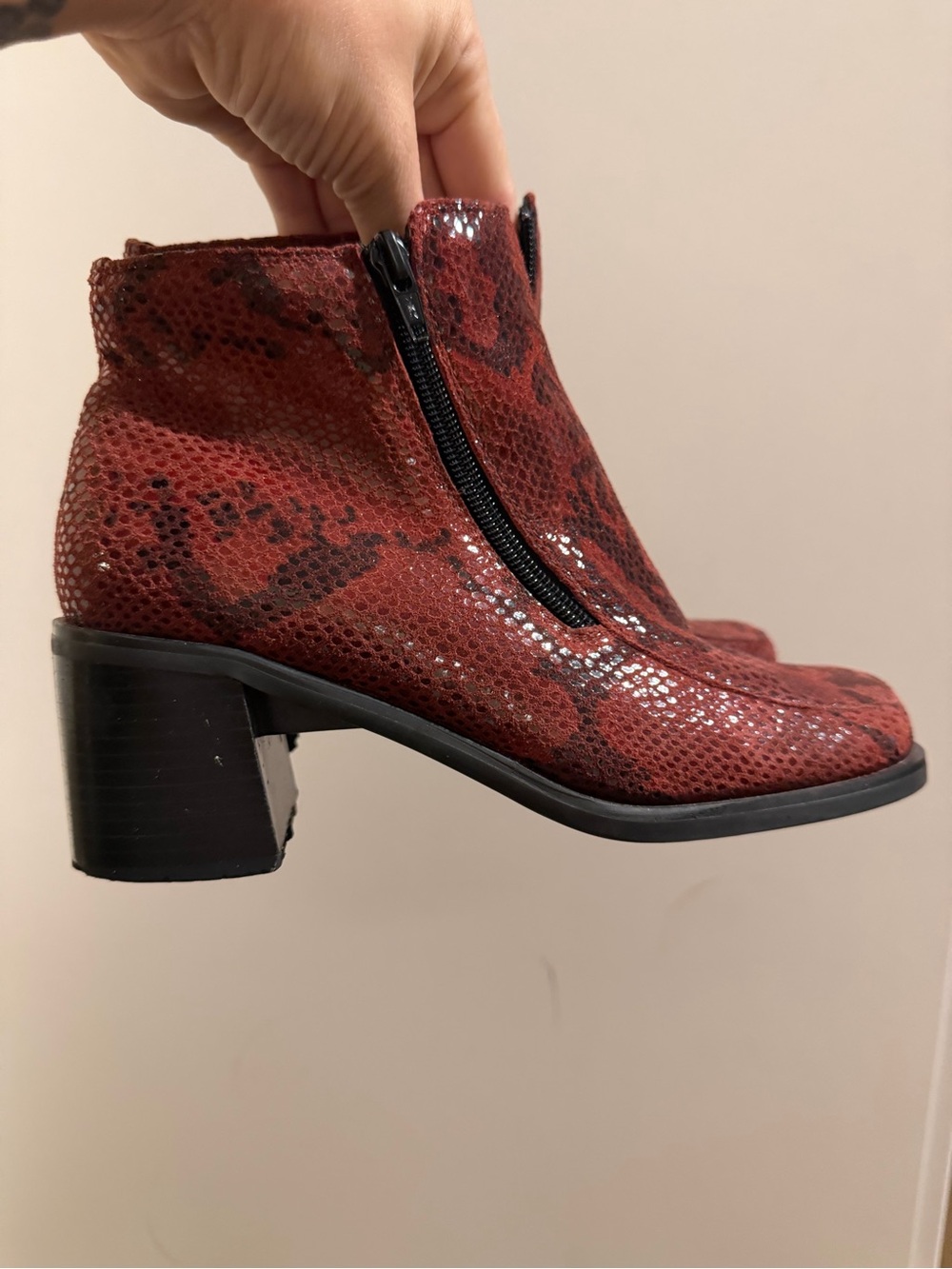 Women’s Italian leather Red Snake-Print Ankle Boots with Side Zip